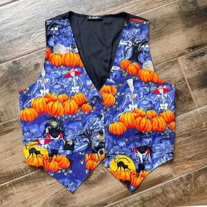111 Main Womens VTG Whimsy Halloween Starry Night Pumpkin Patch Vest, Blue, L